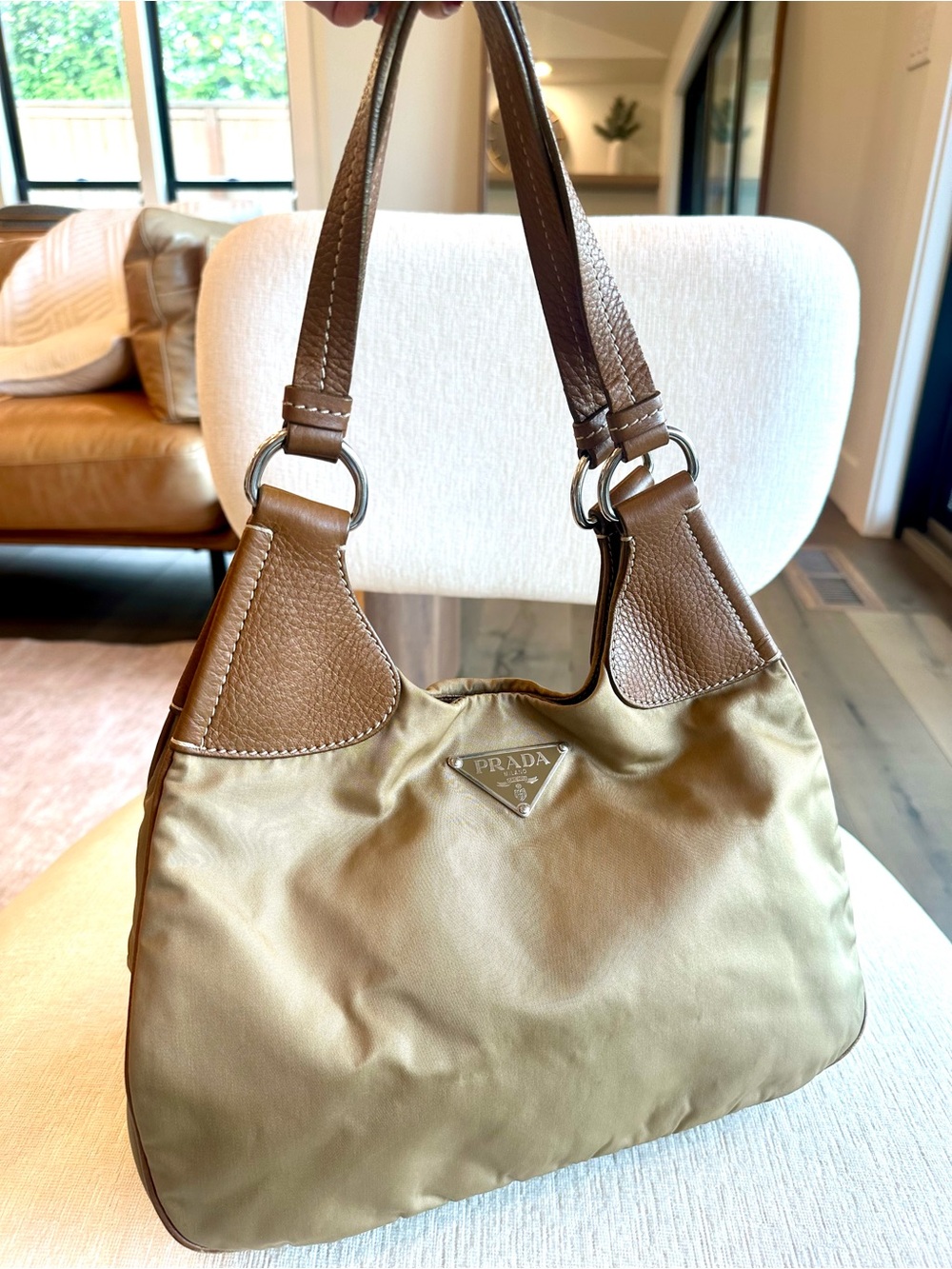 Prada Tessuto Tan Nylon and Brown Leather Vintage Shoulder Bag - Great condition